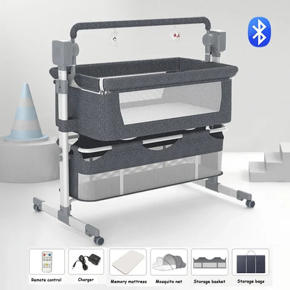 Light grey portable Bluetooth baby crib by Livoshop with auto-rocking, foldable bedside sleeper for newborns, compact and easy to carry.