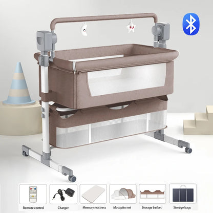 Light grey portable Bluetooth baby crib with auto-rocking and foldable design, ideal for newborns and bedside sleeping by Livoshop.
