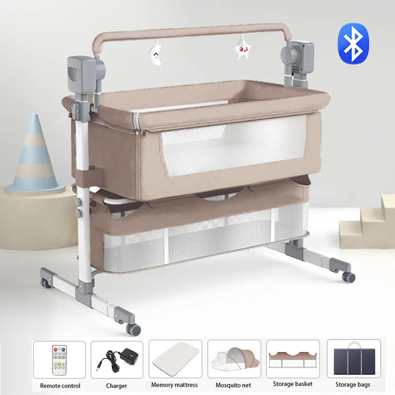 Light grey portable Bluetooth baby crib by Livoshop with auto-rocking and foldable design, ideal for newborn bedside sleeping.