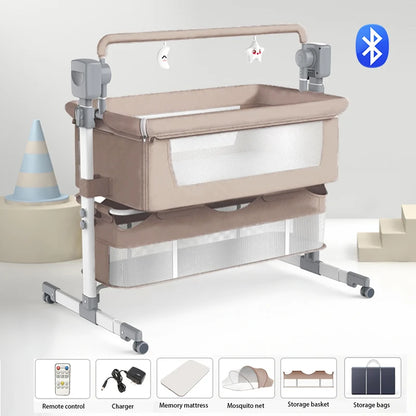 Light grey portable Bluetooth baby crib by Livoshop with auto-rocking and foldable design, ideal for newborn bedside sleeping.