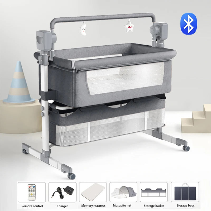 Light grey Livoshop portable Bluetooth baby crib with auto-rocking, foldable bedside sleeper for newborns, showing the compact, foldable design.