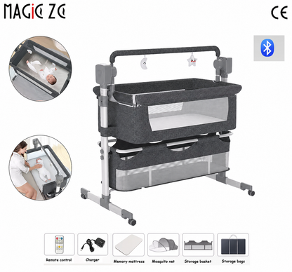 Livoshop portable Bluetooth baby crib with auto-rocking, foldable bedside sleeper in light grey for newborns, showing the crib's design.