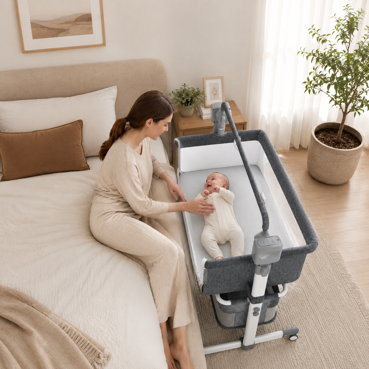 Light grey portable Bluetooth baby crib by Livoshop with auto-rocking and foldable design, ideal for newborns and bedside use.