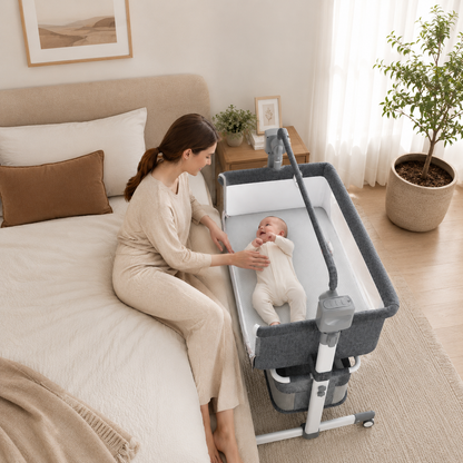 Light grey portable Bluetooth baby crib by Livoshop with auto-rocking and foldable design, ideal for newborns and bedside use.