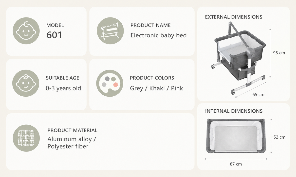 Light grey portable Bluetooth baby crib by Livoshop with auto-rocking and foldable design, ideal for newborn bedside sleeping.