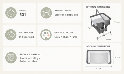 Light grey portable Bluetooth baby crib by Livoshop with auto-rocking and foldable design, ideal for newborn bedside sleeping.