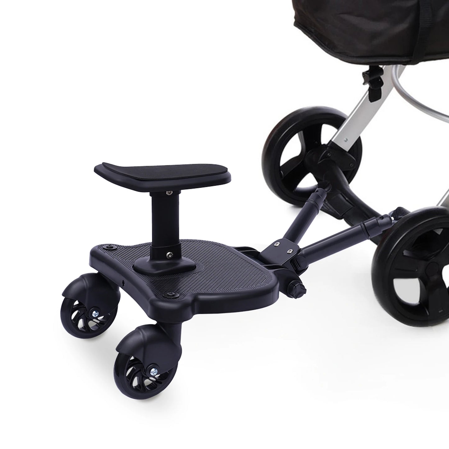 Black Livoshop 2-in-1 universal stroller board with detachable seat, pedal adapter, and 25kg load capacity for kids ride and pushchairs.