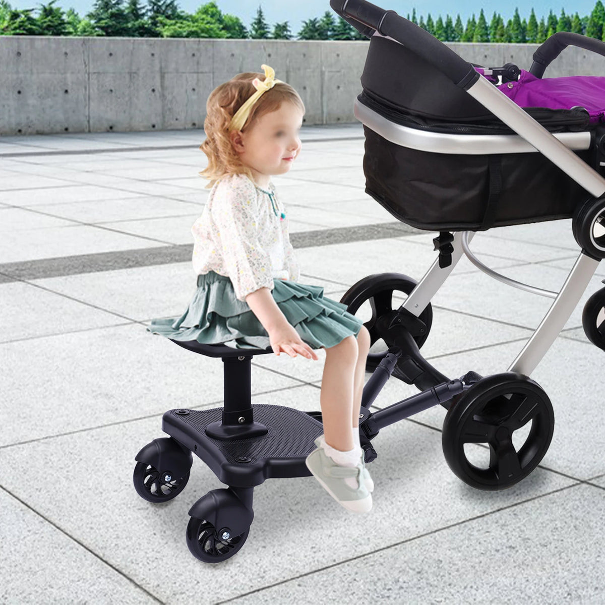Livoshop black 2-in-1 universal stroller board with detachable seat and pedal adapter for kids up to 25kg, suitable for pushchairs.