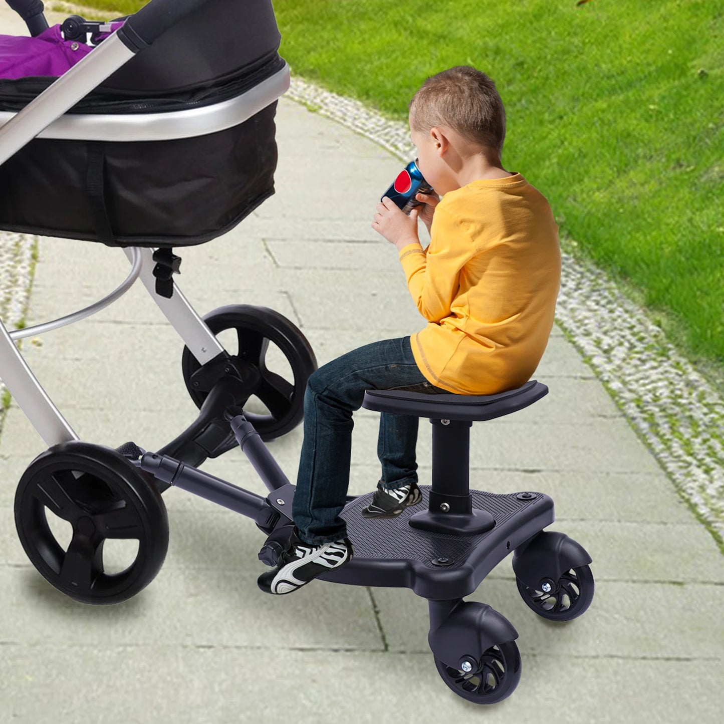 Livoshop black 2-in-1 universal stroller board with detachable seat, pedal adapter, and kids ride board for pushchairs up to 25kg