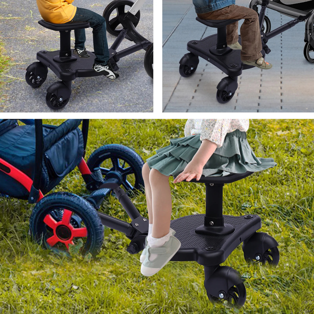 Livoshop black 2-in-1 universal stroller board with detachable seat, pushchair pedal adapter, suitable for kids up to 25kg.