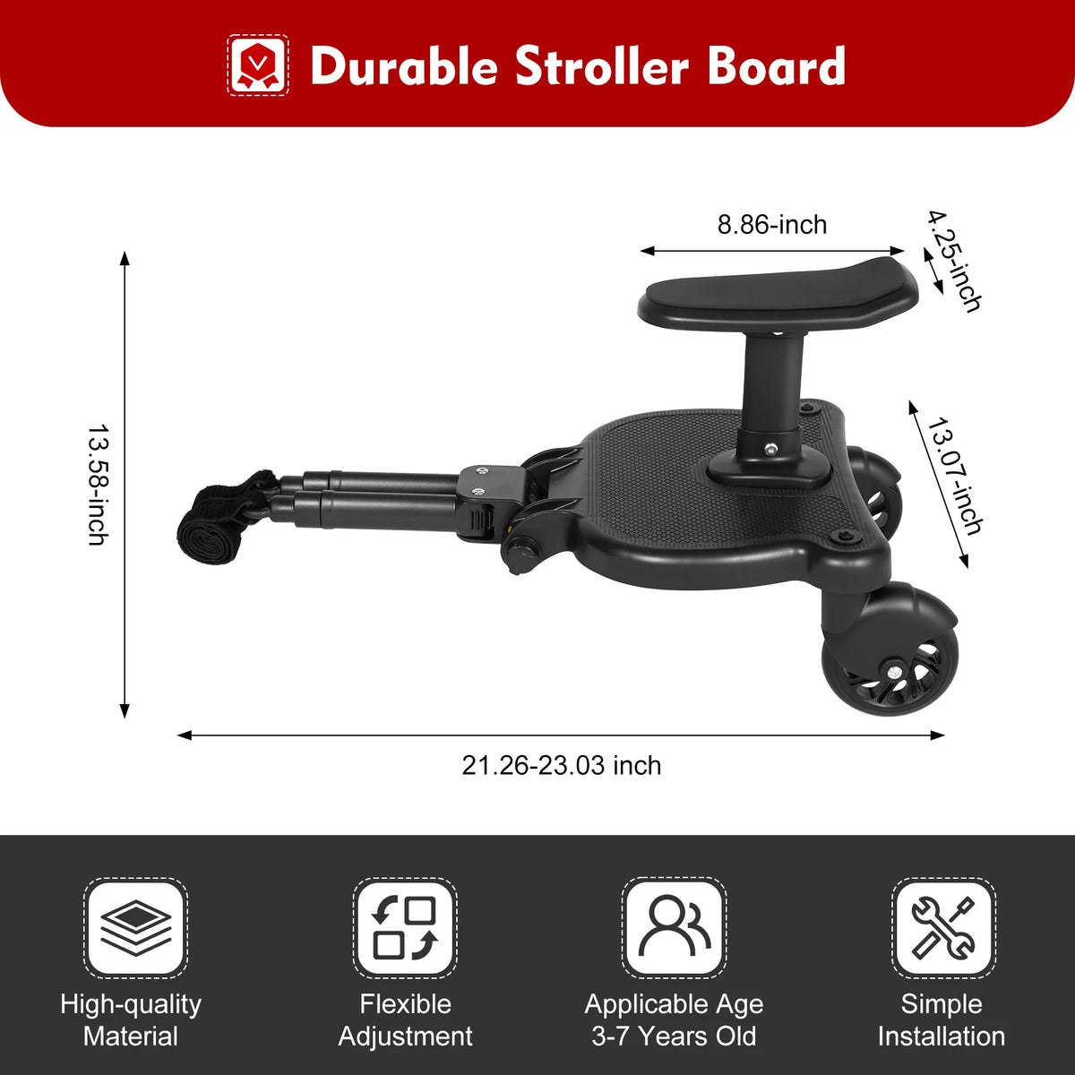Livoshop 2-in-1 universal stroller board with detachable seat, black, suitable for kids up to 25kg, attaches to pushchairs.