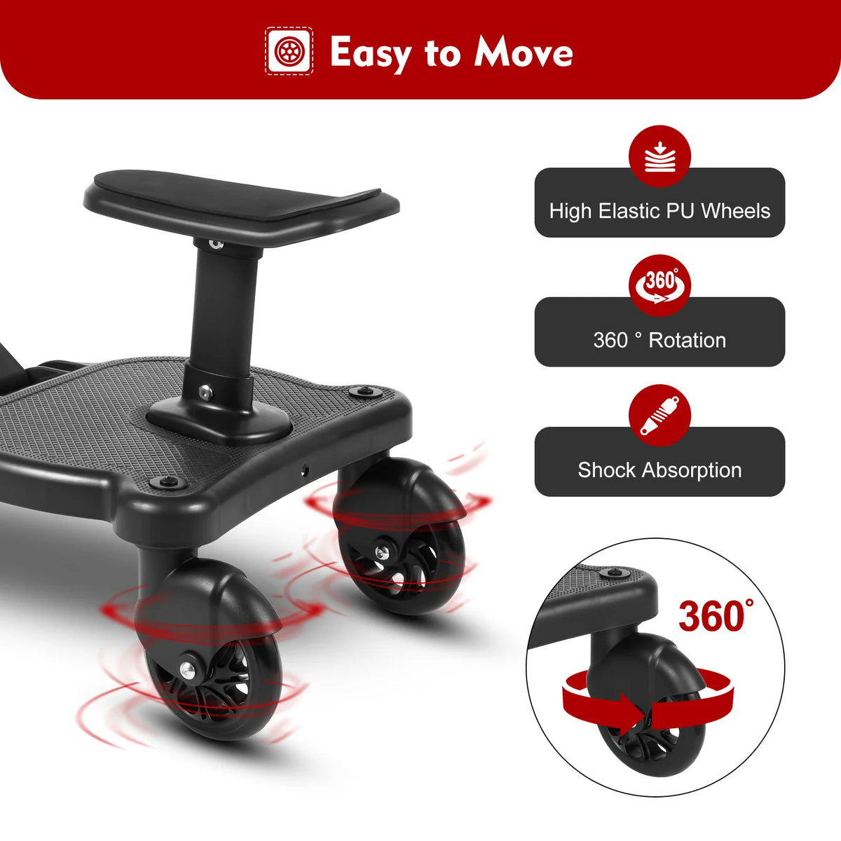 Black Livoshop 2-in-1 universal stroller board with detachable seat, pedal adapter, and kids ride board for up to 25kg load.