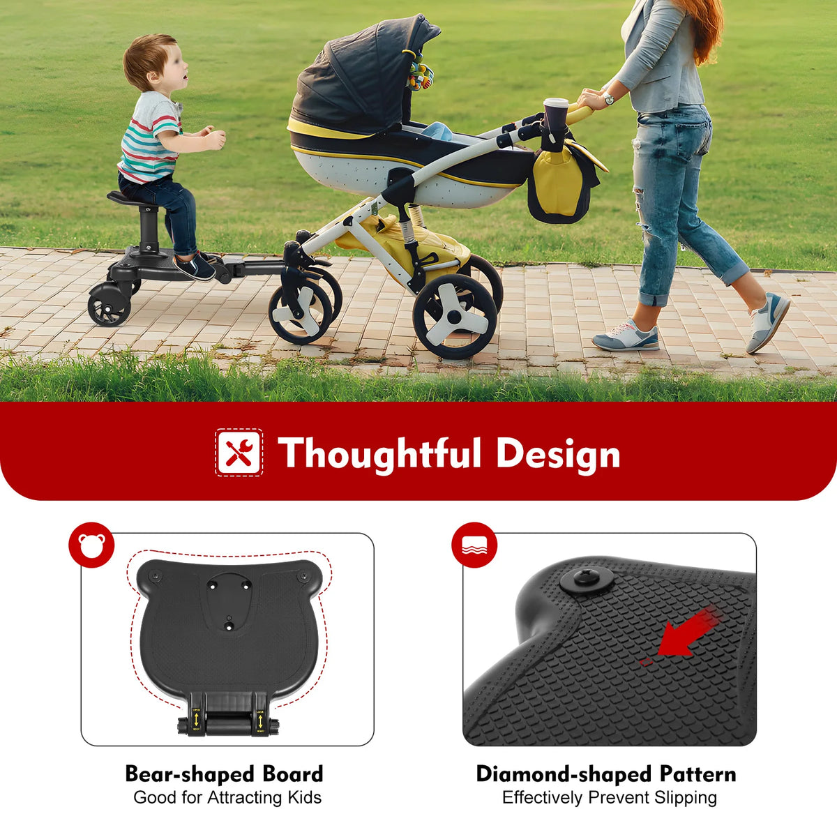 Livoshop black 2-in-1 universal stroller board with detachable seat and pedal adapter for kids, supports up to 25kg.