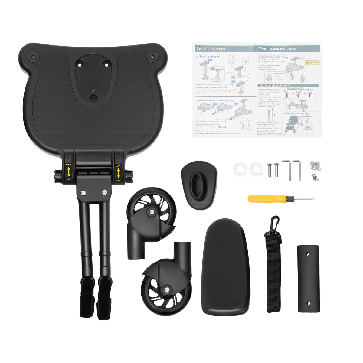 Livoshop 2-in-1 universal stroller board with detachable seat, black, for kids up to 25kg, attaches to pushchair or buggy.