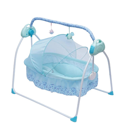 Livoshop electric Bluetooth baby swing cradle with automatic rocking, remote control, and soft fabric in blue.