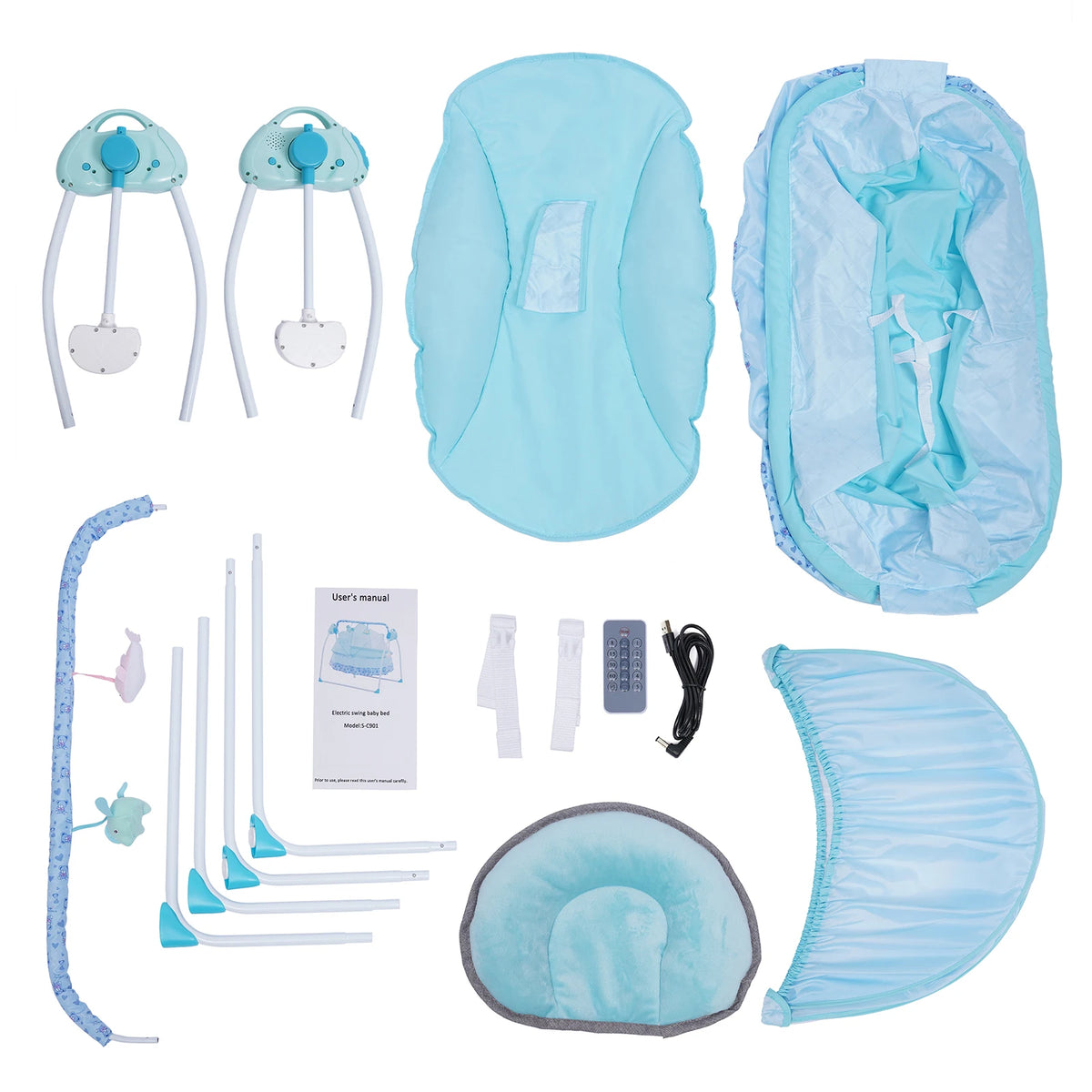 Livoshop electric Bluetooth baby swing cradle with remote control, automatic rocking bassinet, blue color, suitable for infants.