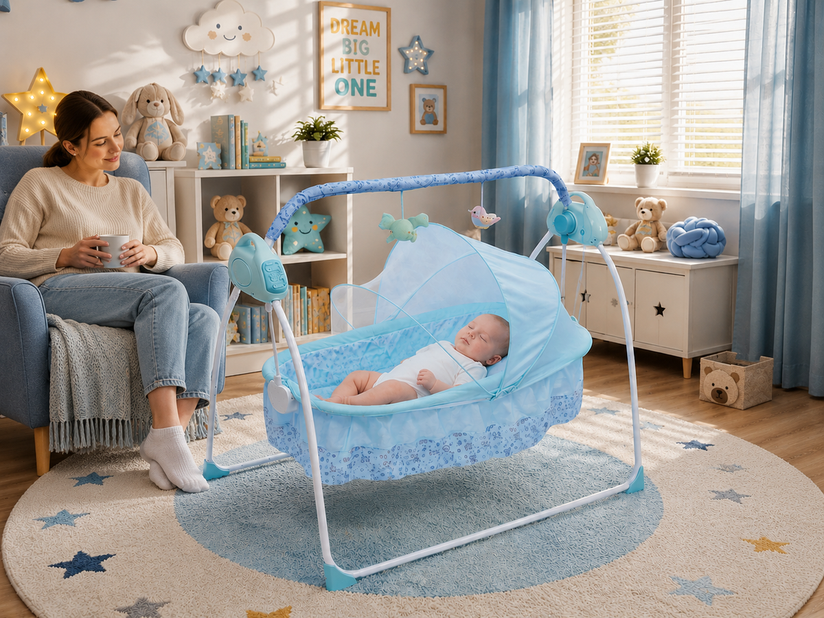 Livoshop blue electric Bluetooth baby swing cradle with remote control, automatic rocking bassinet for soothing infants.