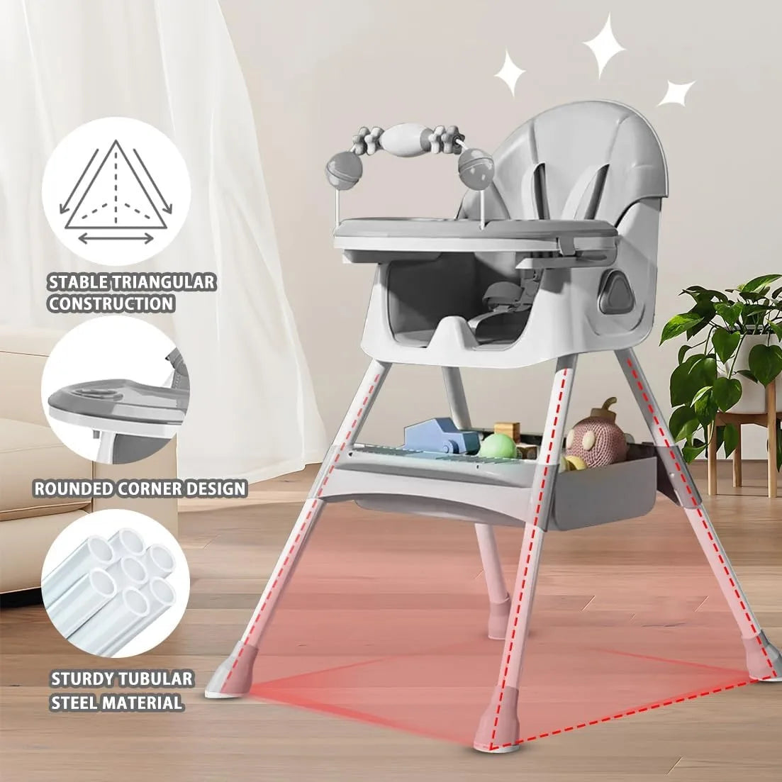 Dark blue 3-in-1 Livoshop baby high chair with foldable design, adjustable height, and double-layer dinner plate for eating and playing.