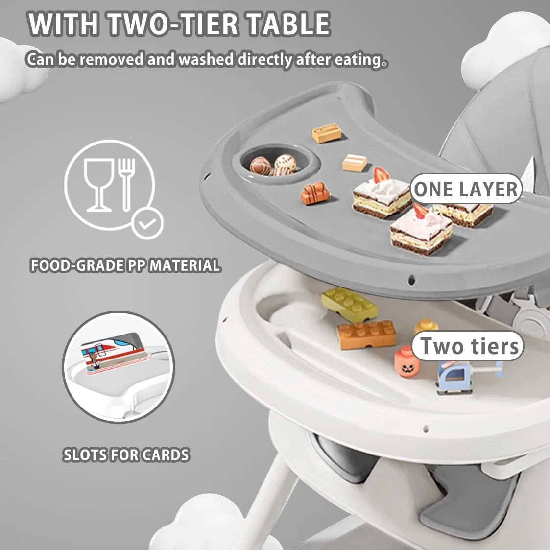 Dark blue 3-in-1 Livoshop baby high chair with foldable design, convertible for dining and play, featuring a double-layer dinner plate.