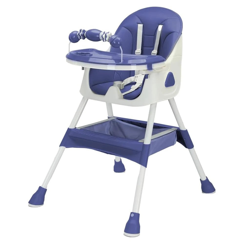 Dark blue 3-in-1 Livoshop baby high chair, foldable and portable with convertible design and double-layer dinner plate for dining and play.