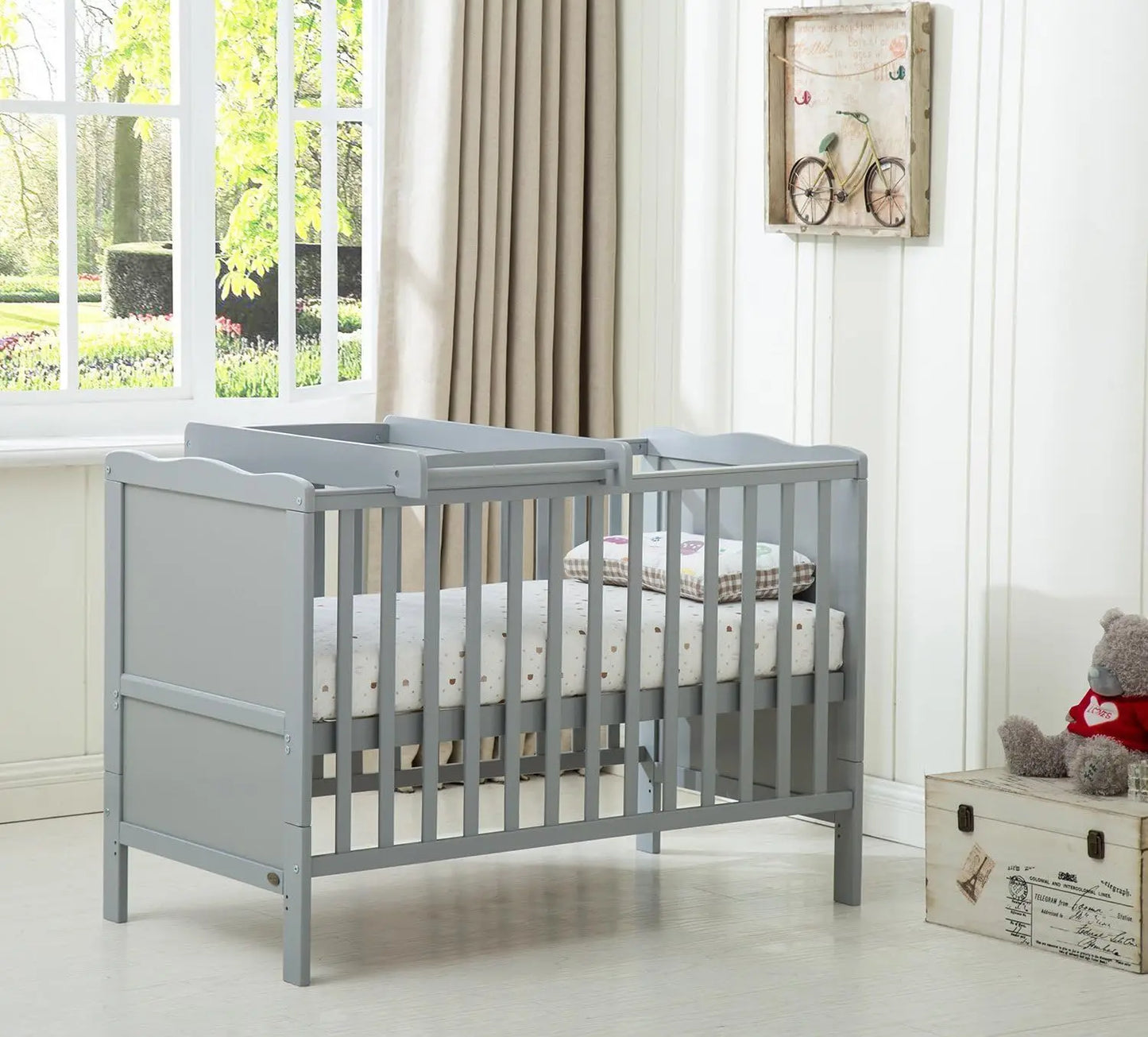 Wooden Baby Cot Bed Orlando by Livoshop with top changer and aloe vera water-repellent mattress in grey finish.