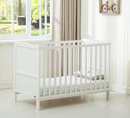 Wooden baby cot bed Orlando by Livoshop with top changer and aloe vera water-repellent mattress in grey finish.
