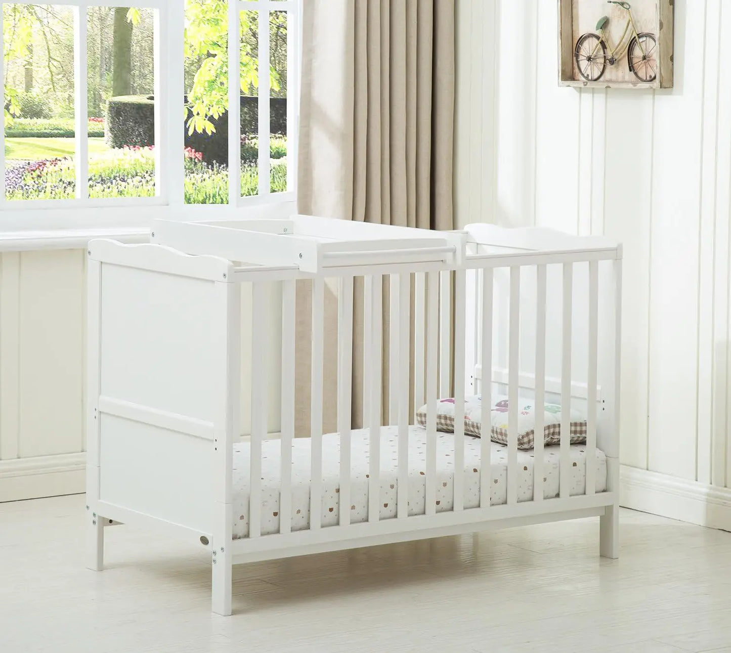 Gray wooden baby cot bed Orlando with top changer and aloe vera water-repellent mattress, designed by Livoshop.