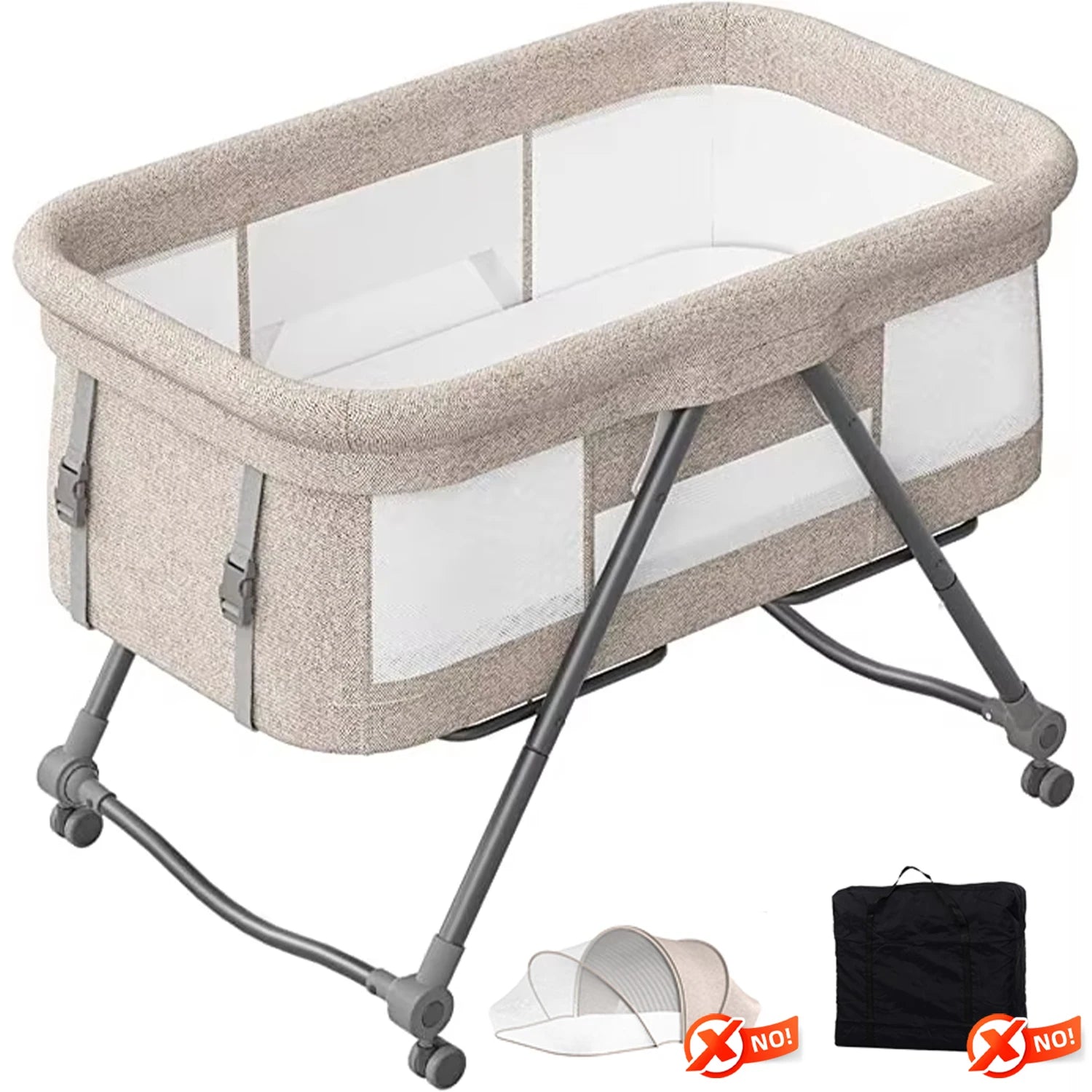 Livoshop 2-in-1 folding baby crib and rocking bassinet in khaki, portable, adjustable for newborns and infants.