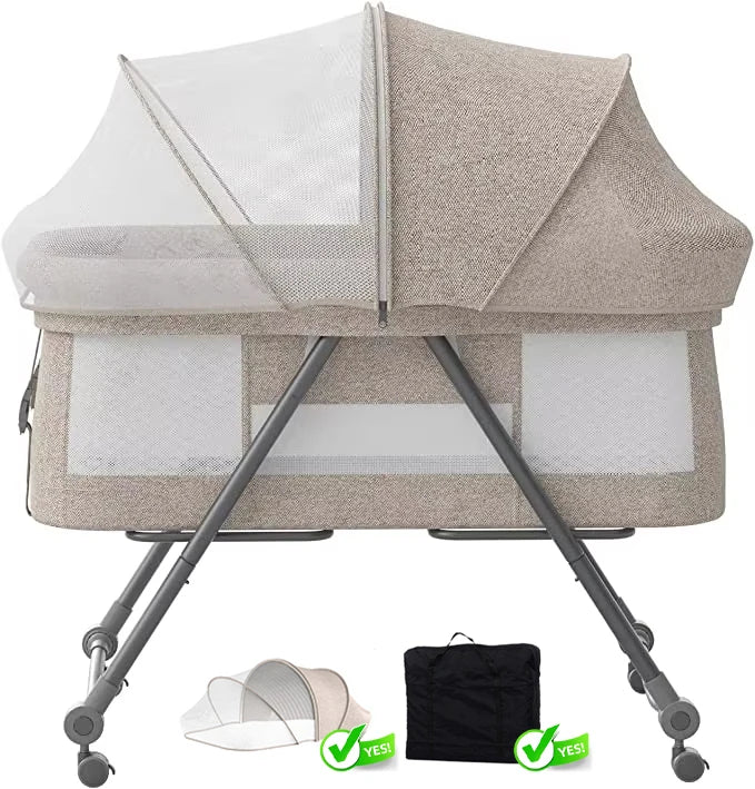 Livoshop 2-in-1 folding baby crib and rocking bassinet in khaki, portable and adjustable for newborns.