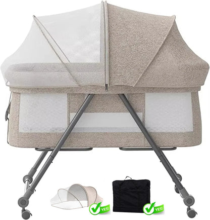 Livoshop 2-in-1 folding baby crib and rocking bassinet in khaki, portable and adjustable for newborns.