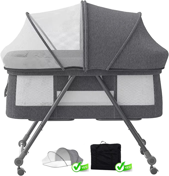 Livoshop 2-in-1 folding baby crib and rocking bassinet in khaki, portable, adjustable for newborns, suitable for small spaces.