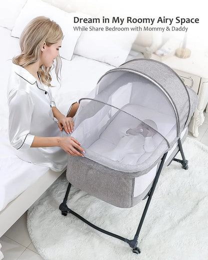 Livoshop 2-in-1 folding baby crib and rocking bassinet in khaki, portable and adjustable for newborns.