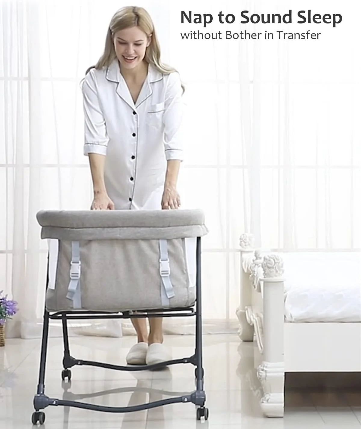 Livoshop 2-in-1 folding baby crib and rocking bassinet in khaki, portable and adjustable for newborns, with a sturdy frame and soft bedding.