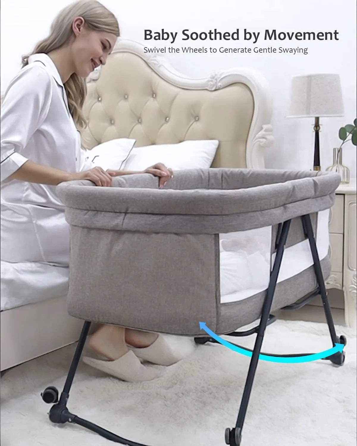 Livoshop 2-in-1 folding baby crib and rocking bassinet in khaki, portable and adjustable for newborns.