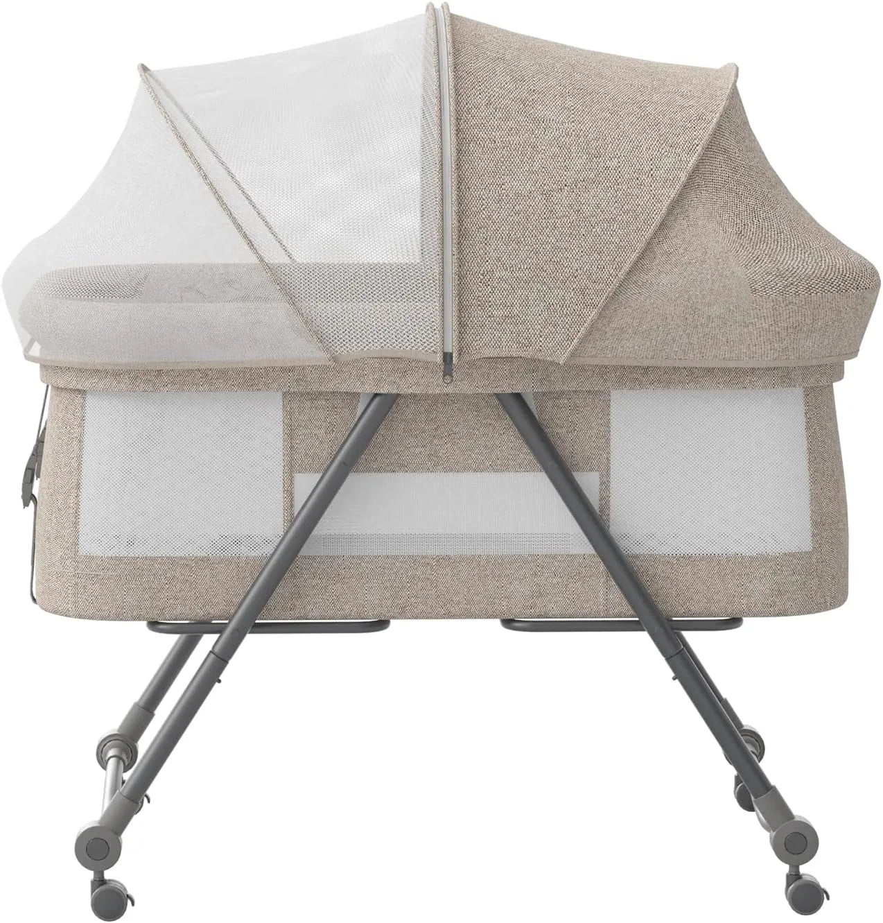 Livoshop 2-in-1 folding baby crib and rocking bassinet in khaki, portable and adjustable for newborns, shown folded and set up.