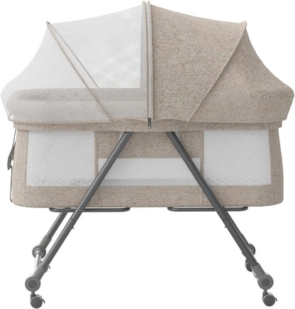 Livoshop 2-in-1 folding baby crib and rocking bassinet in khaki, portable and adjustable for newborns, shown folded and set up.