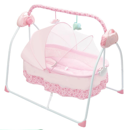 Pink electric baby cradle swing by Livoshop with remote control and USB, designed for newborns to gently rock and soothe.