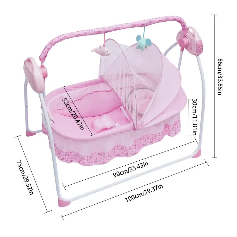 Pink electric baby cradle swing by Livoshop with remote control and USB, designed for soothing newborns with automatic rocking.