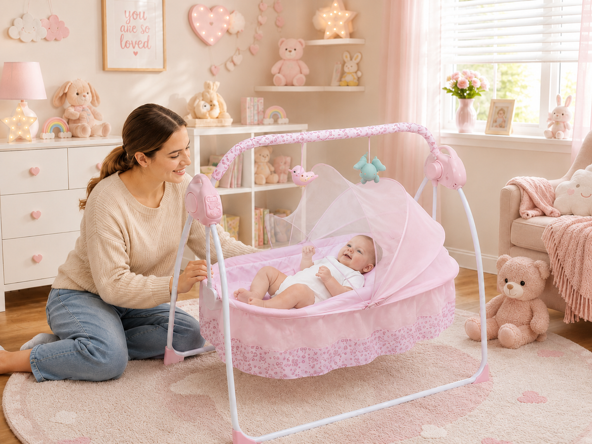 Pink Livoshop electric baby cradle swing with remote control and USB, designed for newborns with automatic rocking feature.