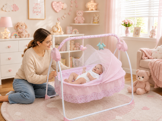 Pink Livoshop electric baby cradle swing with remote control and USB, designed for newborns with automatic rocking feature.