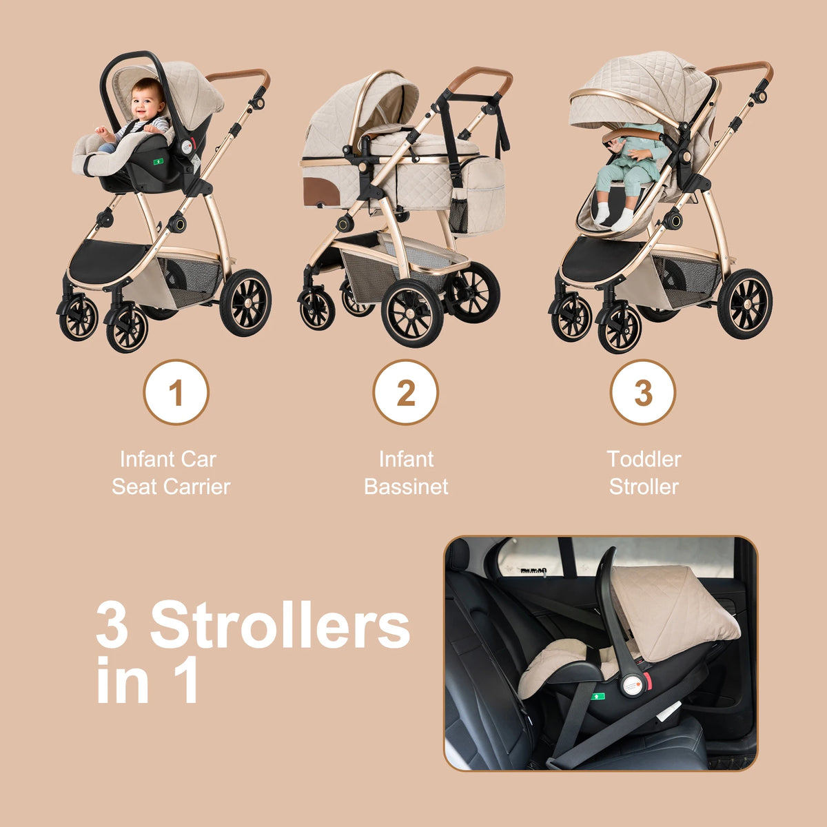 Livoshop 3-in-1 baby travel system with black aluminum frame, adjustable handle, mosquito net, and stroller for infants.