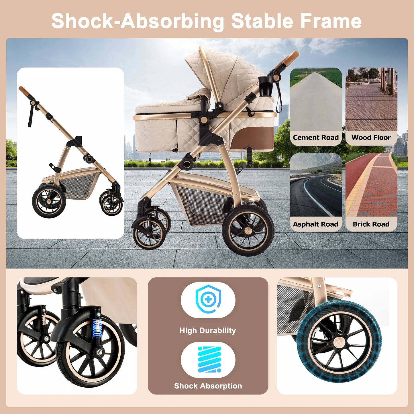 Livoshop 3-in-1 baby pram travel system with adjustable handle, mosquito net, lightweight aluminum frame, and stroller for infants.