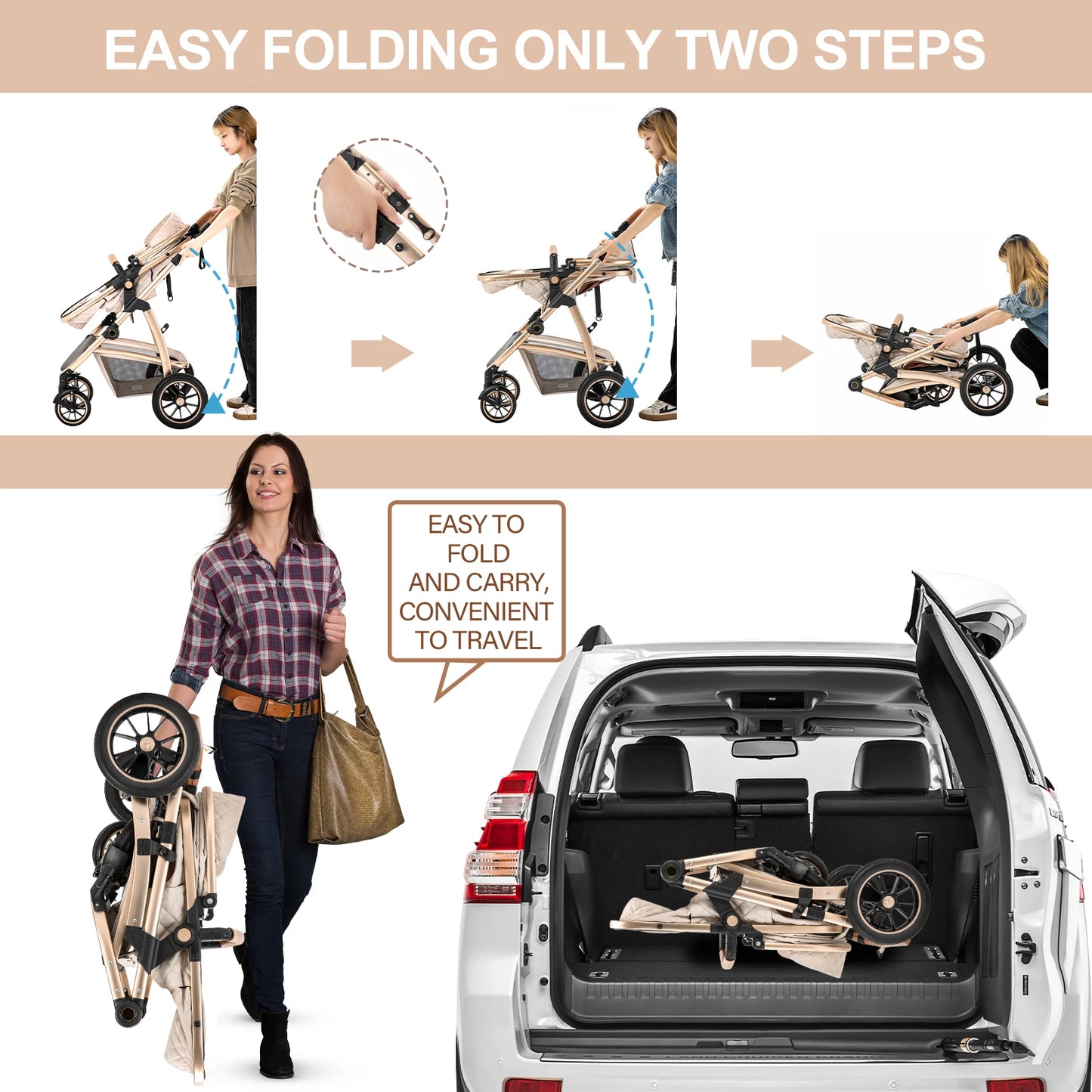 Livoshop 3-in-1 baby pram travel system with black aluminum frame, pushchair, mosquito net, and height-adjustable handle.