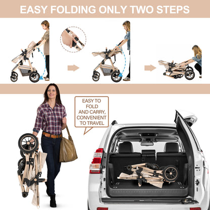 Livoshop 3-in-1 baby pram travel system with black aluminum frame, pushchair, mosquito net, and height-adjustable handle.