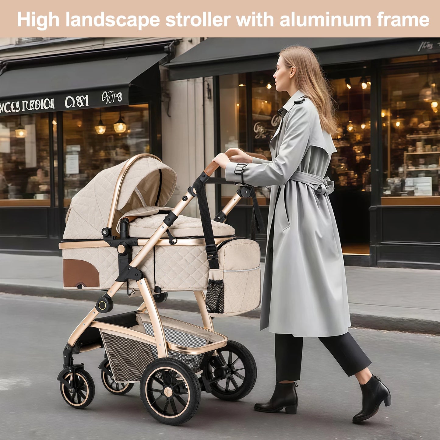 Livoshop 3-in-1 baby travel system with pushchair, aluminum frame, height-adjustable handle, mosquito net, black color.