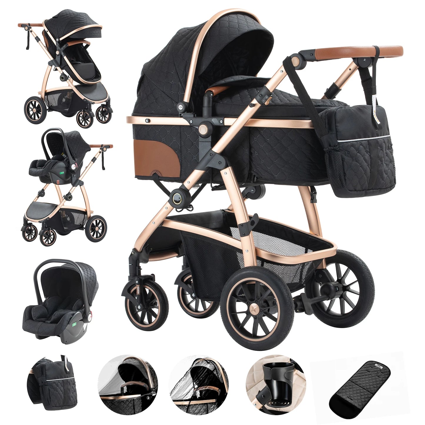 Livoshop 3-in-1 baby travel system with black aluminum frame, adjustable handle, mosquito net, and stroller seat for infants.
