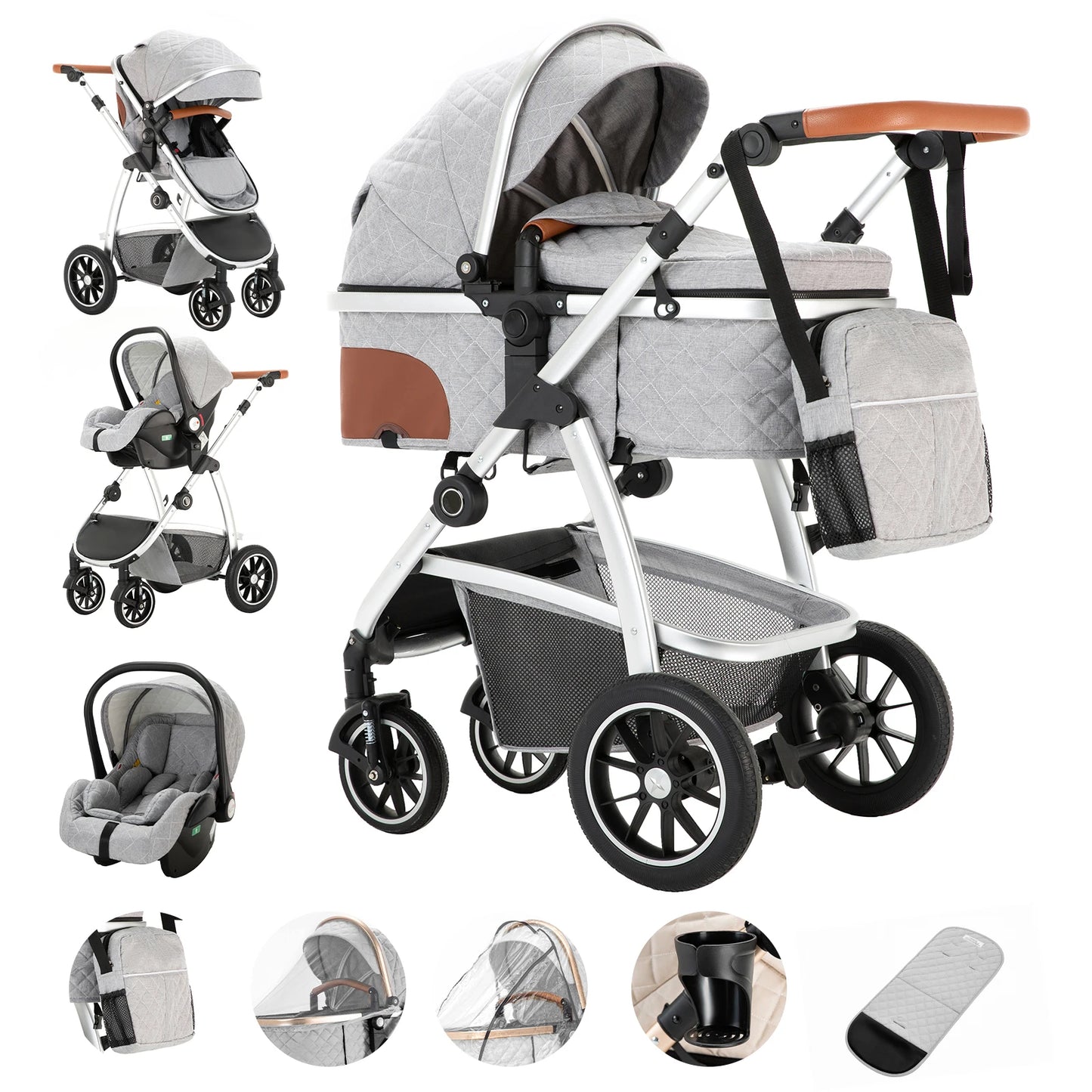 Livoshop 3-in-1 baby travel system with black aluminum pushchair, height-adjustable handle, mosquito net, and versatile stroller features