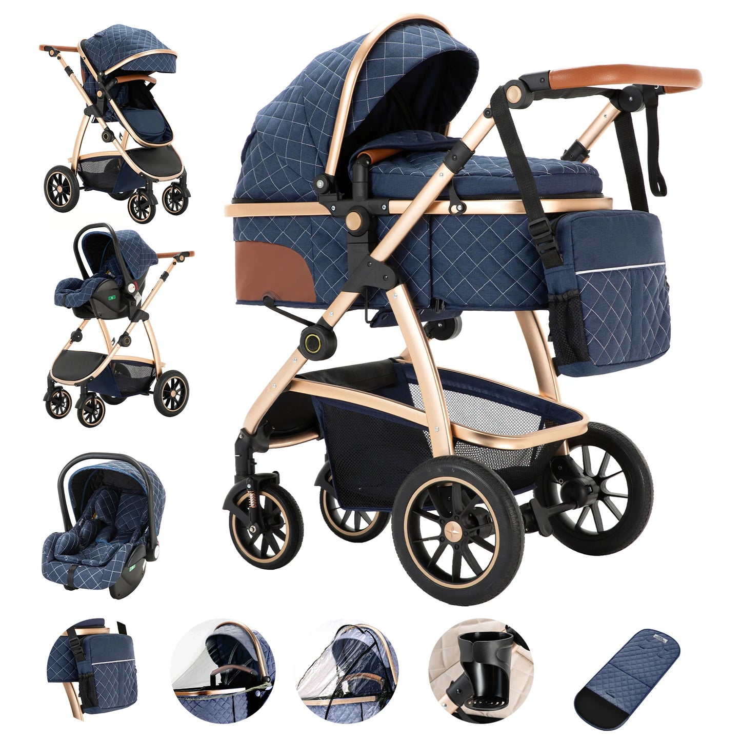 Livoshop 3-in-1 baby travel system with black pushchair, height-adjustable handle, mosquito net, and lightweight aluminum frame.