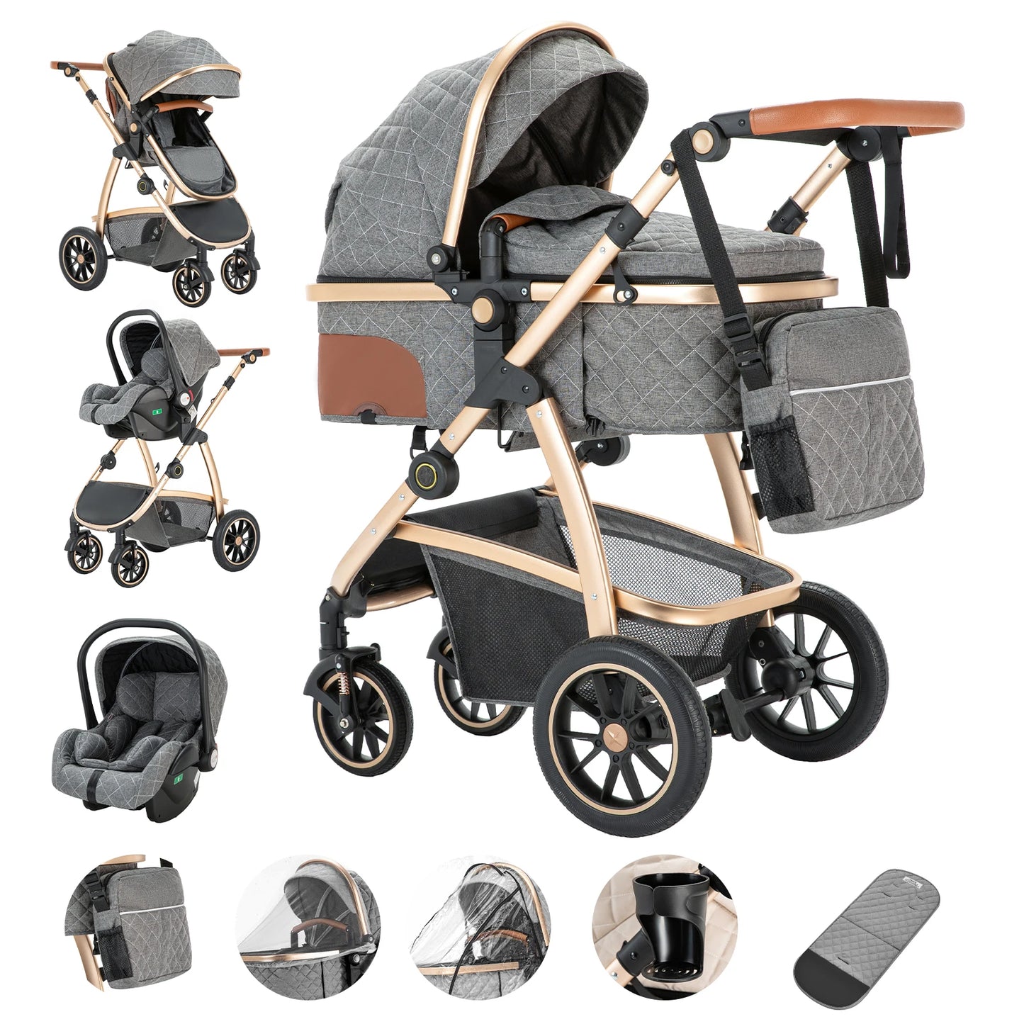 Livoshop 3-in-1 baby travel system with black pushchair, adjustable handle, mosquito net, and lightweight aluminum frame.