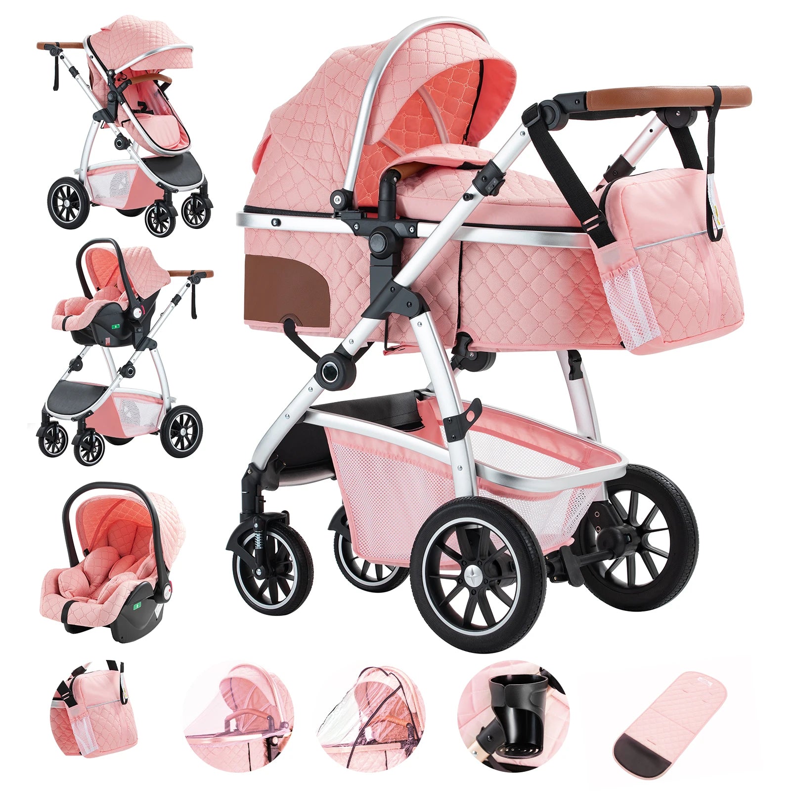 Livoshop 3-in-1 baby travel system with black aluminum frame, adjustable handle, mosquito net, and stroller seat for infants.